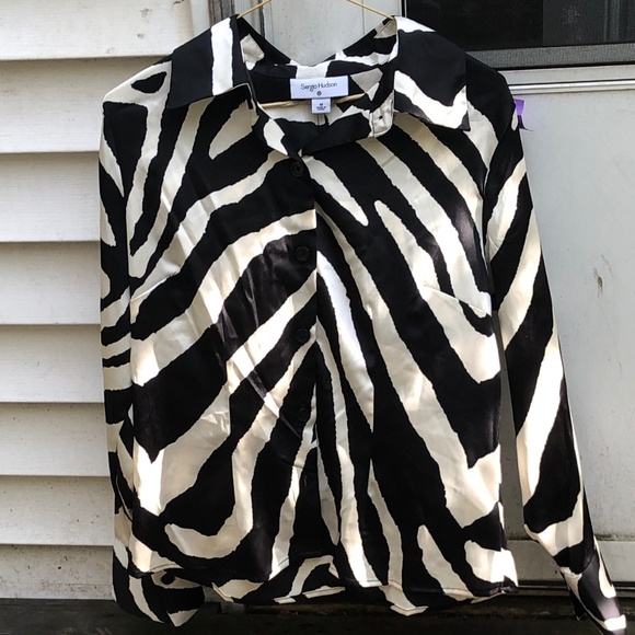Brand NEW Silky Satin Zebra Print Trendy Chic Bold Button down classy blouse - Picture 1 of 13